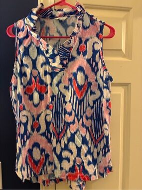 crown & ivy Sleeveless Ruffle V-Neck Top - Blue, Pink & Red